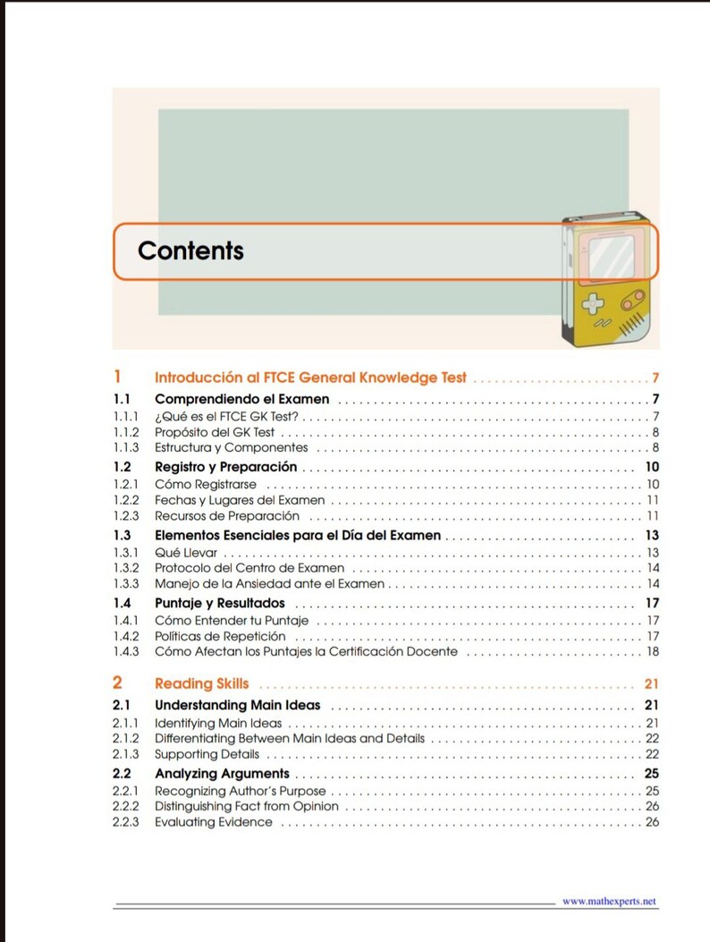 May include: A page from a study guide with the title "Contents" at the top. The guide is for the FTCE General Knowledge Test, with sections on exam understanding, registration, and reading skills. A small, yellow retro game console graphic is in the upper right corner.