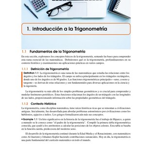 May include: A laptop with a calculator, glasses, and a pen on top. The screen displays text about trigonometry, including definitions and historical context. The text is in Spanish.