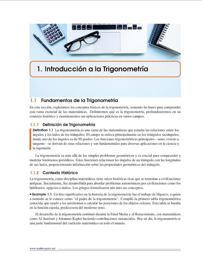 May include: A laptop with a calculator, glasses, and a pen on top. The screen displays text about trigonometry, including definitions and historical context. The text is in Spanish.