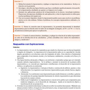 May include: A textbook page with the title "1.1 Fundamentos de la Trigonometr&iacute;a" and exercises on trigonometry. The text includes questions about geometry, historical figures, and practical applications. The page also has answers and explanations.