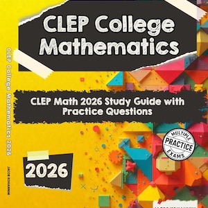 Op de afbeelding: Een gele boekomslag met de titel "CLEP College Mathematics" in het wit. Het boek heet "CLEP Math 2026 Study Guide with Practice Questions". De cover bevat ook de tekst "2026" en "Multiple Practice Exams".