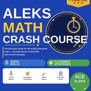 Può includere: Una copertina di libro blu intitolata ALEKS MATH CRASH COURSE 2026 EDITION di Jacob Kohannim. Presenta un banner giallo, un grafico a orologio e icone per ripasso rapido, strategie di posizionamento e test di pratica.