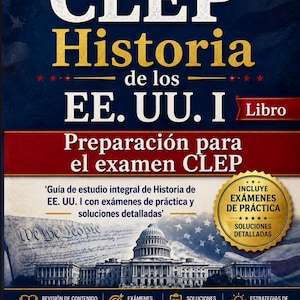 May include: A study guide book titled CLEP Historia de los EE. UU. I, featuring a blue background with a United States flag, an image of the Capitol building, and the text 'We the People'. It includes practice exams and detailed solutions.