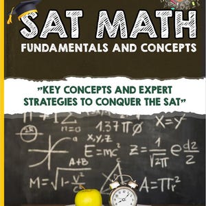 May include: A book cover titled SAT MATH FUNDAMENTALS AND CONCEPTS with a graduation cap icon, a lightbulb graphic, and the text KEY CONCEPTS AND EXPERT STRATEGIES TO CONQUER THE SAT. The cover features a chalkboard background and DR. JACOB KOHANNIM.
