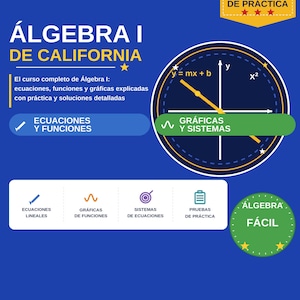May include: A blue educational book cover titled Algebra I de California 2026 Edición by Jacob Kohannim. It features a coordinate plane graphic, 1236 ejercicios de práctica, and icons for linear equations, function graphs, systems, and practice tests.