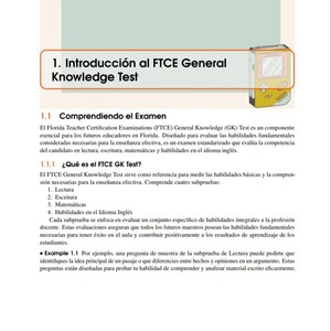 May include: A page from a study guide titled "Introducci&oacute;n al FTCE General Knowledge Test." The guide includes sections on the exam's components, subtests, and sample questions. A small illustration of a handheld game console is in the upper right corner.