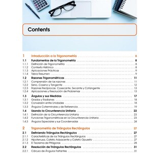 May include: A textbook page with the title "Contents" and a detailed table of contents for a trigonometry course. The page includes a laptop, glasses, a pen, a calculator, and a notebook.