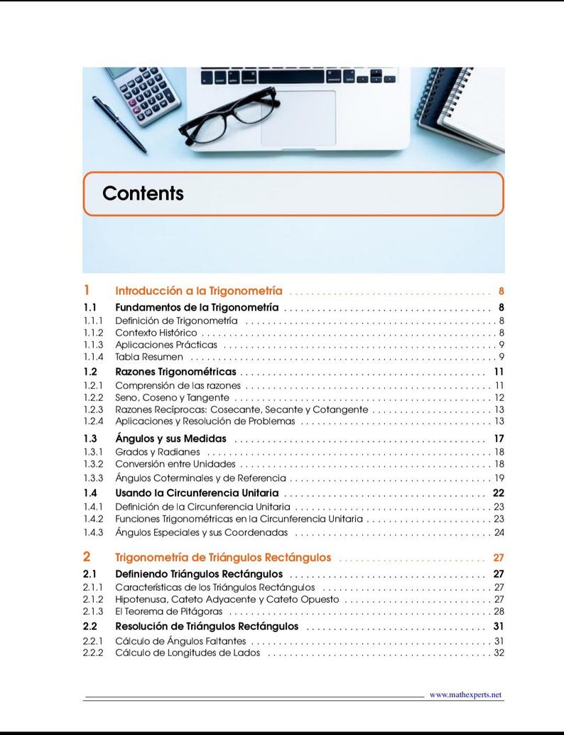 May include: A textbook page with the title "Contents" and a detailed table of contents for a trigonometry course. The page includes a laptop, glasses, a pen, a calculator, and a notebook.