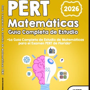 Może przedstawiać: Żółta okładka książki z tytułem "PERT Matemáticas" i rokiem "2026". Okładka zawiera wzór żarówki z mózgiem i symbolami matematycznymi. Nazwisko autora, Jacob Kohannim, znajduje się na dole.