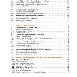 May include: A page from a textbook with a table of contents. The text is in Spanish, with topics including complex numbers, trigonometry, and applications in engineering and architecture. The page numbers are visible.