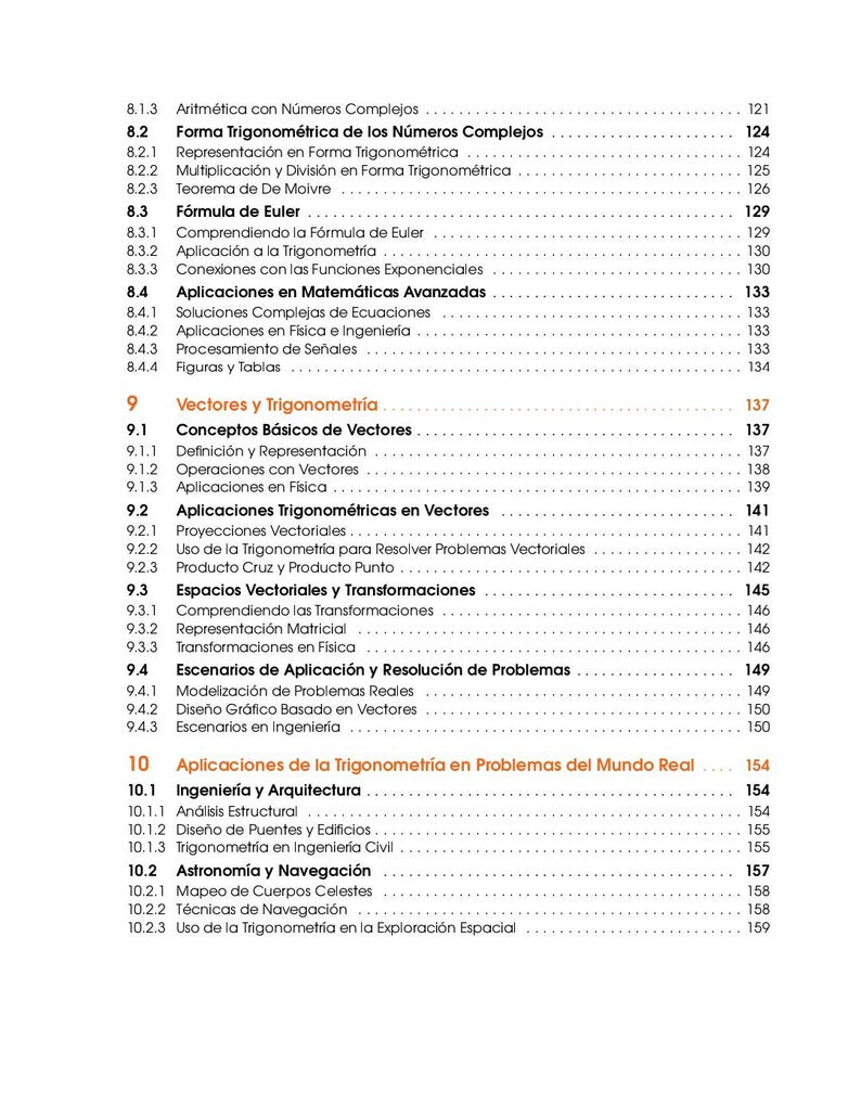 May include: A page from a textbook with a table of contents. The text is in Spanish, with topics including complex numbers, trigonometry, and applications in engineering and architecture. The page numbers are visible.