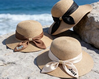 Personalized Straw Sun Hat with Name, Custom Wide Brim Beach Hat, Foldable Summer Travel Hat, Bridesmaid Gift, Vacation Sun Hat for Women