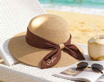 Personalized Straw Sun Hat with Embroidered Ribbon, Custom Wide Brim Beach Hat, Monogrammed Hats, Women Summer Hat, Bridesmaid Gift