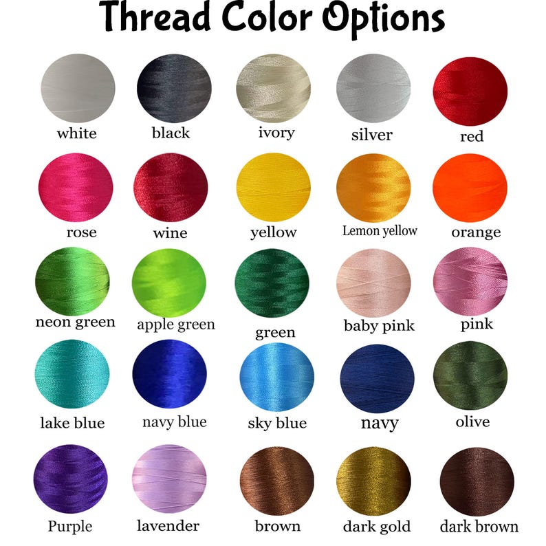 May include: A color chart displaying thread color options. The image features a grid of 25 thread colors, each labeled with a corresponding name. Colors range from white, black, and ivory to vibrant hues like red, yellow, and green, and also includes shades of blue, purple, and brown.