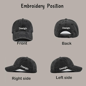May include: A black baseball cap with the word "Design" embroidered on the front, back, right, and left sides. The image shows the front, back, right, and left sides of the cap, with the text "Embroidery Position" at the top.