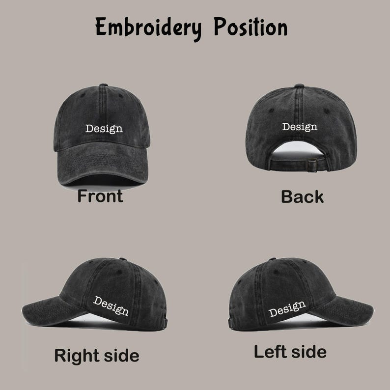 May include: A black baseball cap with the word "Design" embroidered on the front, back, right, and left sides. The image shows the front, back, right, and left sides of the cap, with the text "Embroidery Position" at the top.