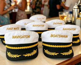 Personalized Captain Hat with Custom Name, Embroidered Nautical Sailor Cap, Bachelorette Party Hat, Yacht Crew Gift, Wedding Boat Party