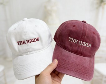Custom Bride and The Girls Hats, Personalized Bachelorette Party Caps, Embroidered Washed Cotton Wedding Hat, Retro Bride Squad Gift for Her