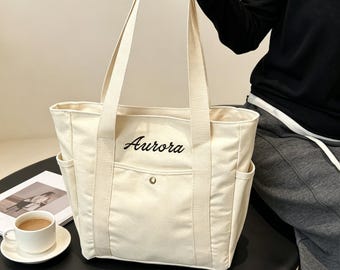 Custom Embroidered Canvas Tote Bag, Custom Initial Zippered Bag, Bridesmaid Gifts, Beach Handbags, Bachelorette Gifts, Weekend Tote
