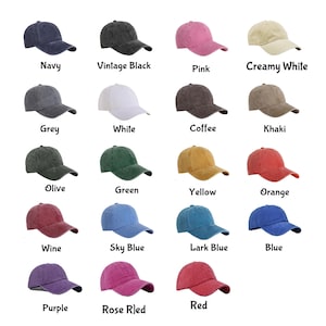 May include: A collection of baseball caps in various colors, including navy, vintage black, pink, creamy white, grey, white, coffee, khaki, olive, green, yellow, orange, wine, sky blue, lark blue, blue, purple, rose red, and red. Each cap has a curved brim.