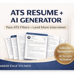 May include: An advertisement for a resume and AI generator. The text reads "ATS RESUME + AI GENERATOR" and "Pass ATS Filters • Land More Interviews." Several resume templates are displayed, along with a gold circle that says "Editable Templates AI Scripts Included."