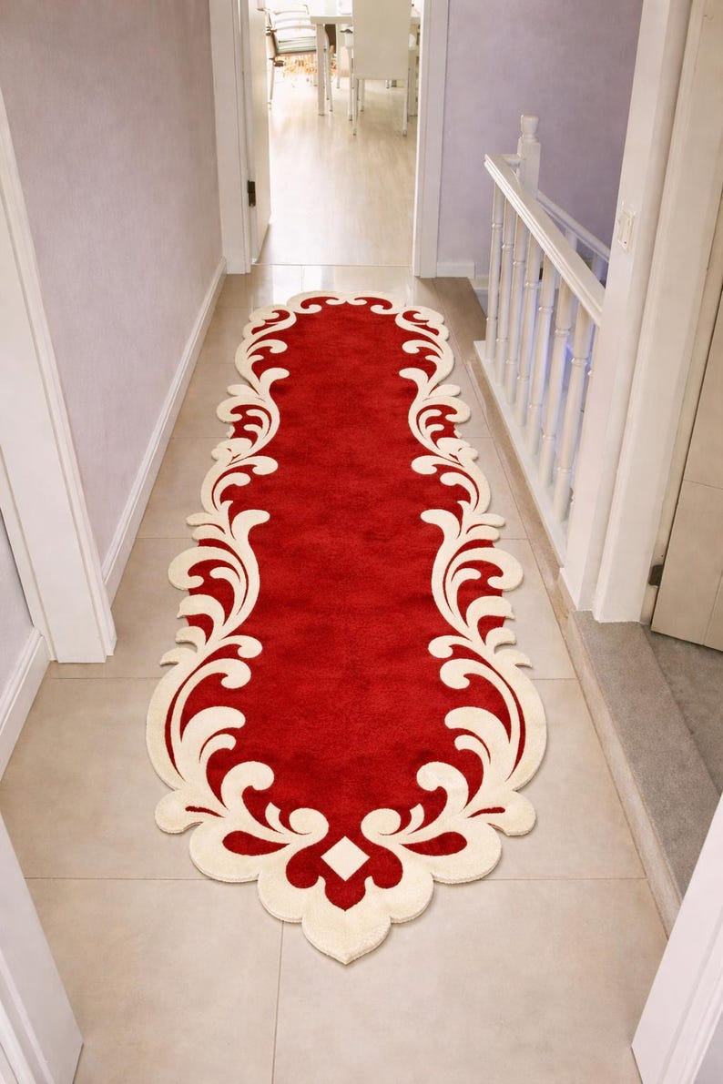 Scroll Work Pattern Rug Hand Tufted Red Runner Rug, Floral Scroll Border, Luxury Hallway Decor ...