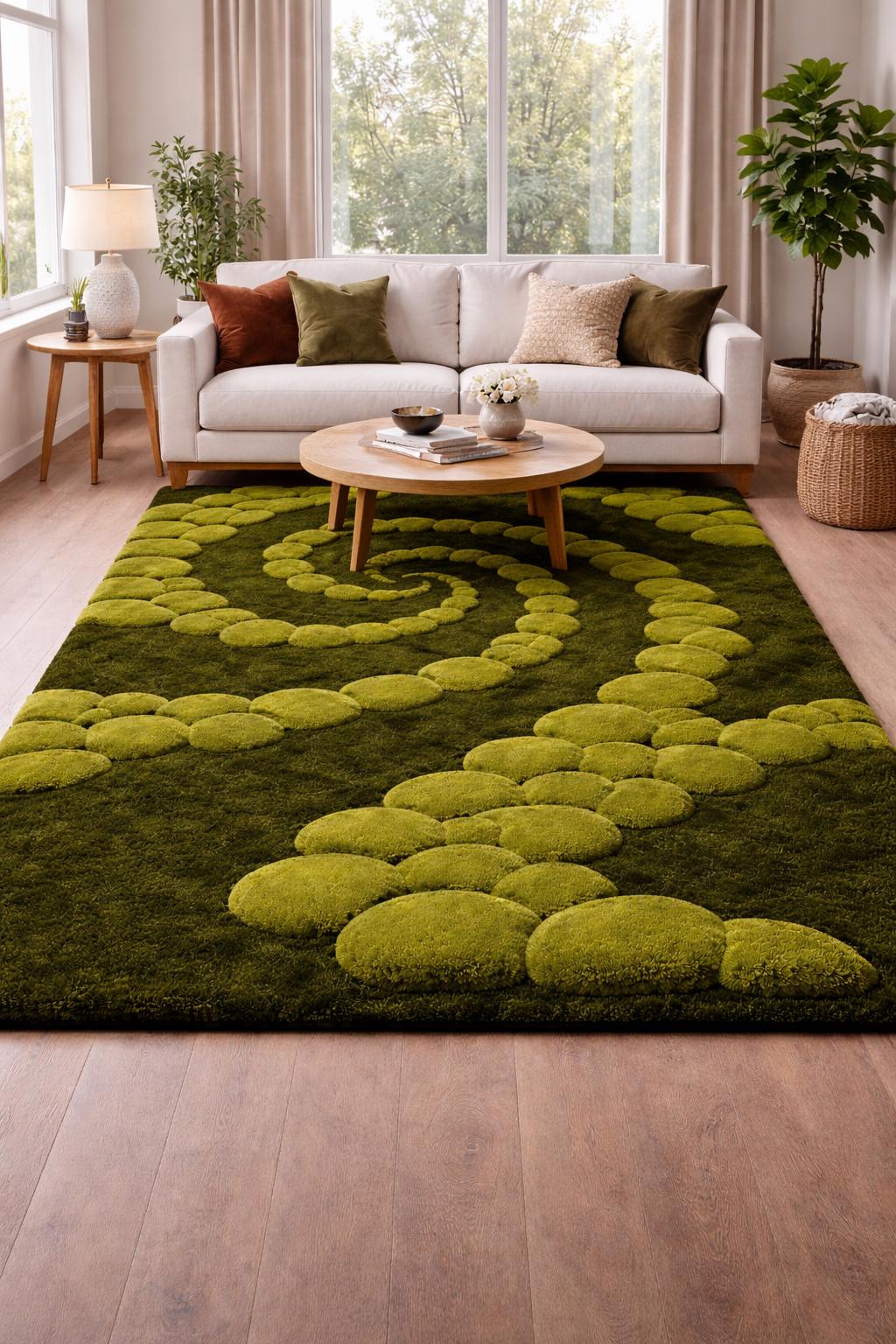 Hand Tufted Moss Rug – 3D Pebble Spiral Design, Nature Inspired Carpet ...
