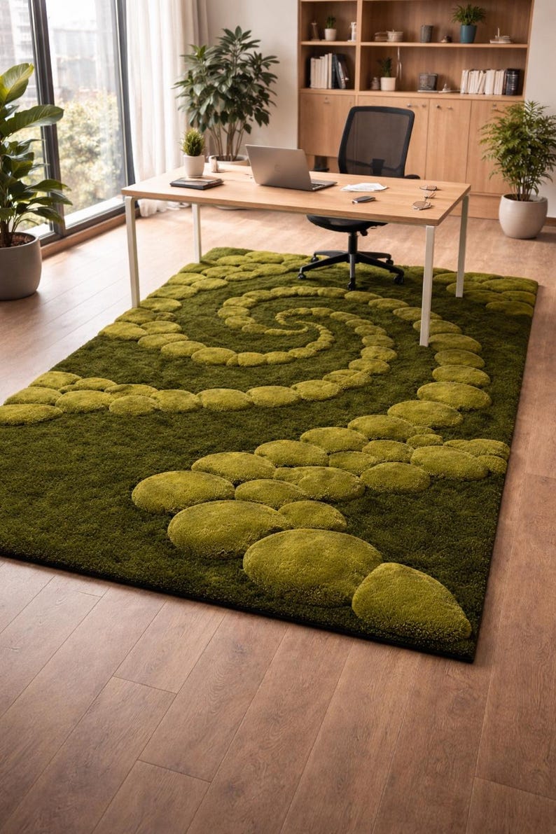 Hand Tufted Moss Rug – 3D Pebble Spiral Design, Nature Inspired Carpet ...