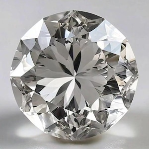 Könnte beinhalten: Ein rund geschliffener Diamant mit vielen Facetten, die das Licht reflektieren und einen funkelnden Effekt erzeugen. Der Edelstein hat ein komplexes Muster aus dreieckigen und rechteckigen Formen, das seine Klarheit und Brillanz zeigt. Der Diamant ist vor einem neutralen Hintergrund platziert.
