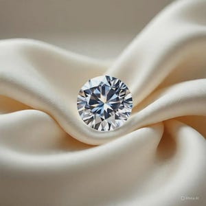 May include: A round, brilliant-cut clear gemstone with multiple facets reflecting light, positioned centrally. The gemstone displays a high level of clarity and sparkle, showcasing a geometric pattern of triangular and kite-shaped facets.