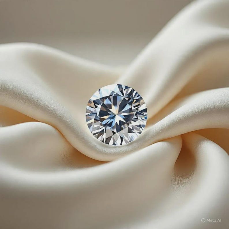 May include: A round, brilliant-cut clear gemstone with multiple facets reflecting light, positioned centrally. The gemstone displays a high level of clarity and sparkle, showcasing a geometric pattern of triangular and kite-shaped facets.