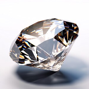 May include: A faceted, clear, brilliant-cut gemstone with sharp geometric edges and multiple triangular surfaces that reflect light, creating internal highlights and dark shadows throughout the transparent, crystalline structure of the stone.