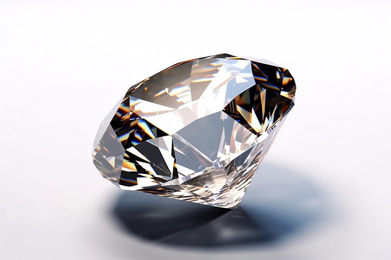 May include: A faceted, clear, brilliant-cut gemstone with sharp geometric edges and multiple triangular surfaces that reflect light, creating internal highlights and dark shadows throughout the transparent, crystalline structure of the stone.