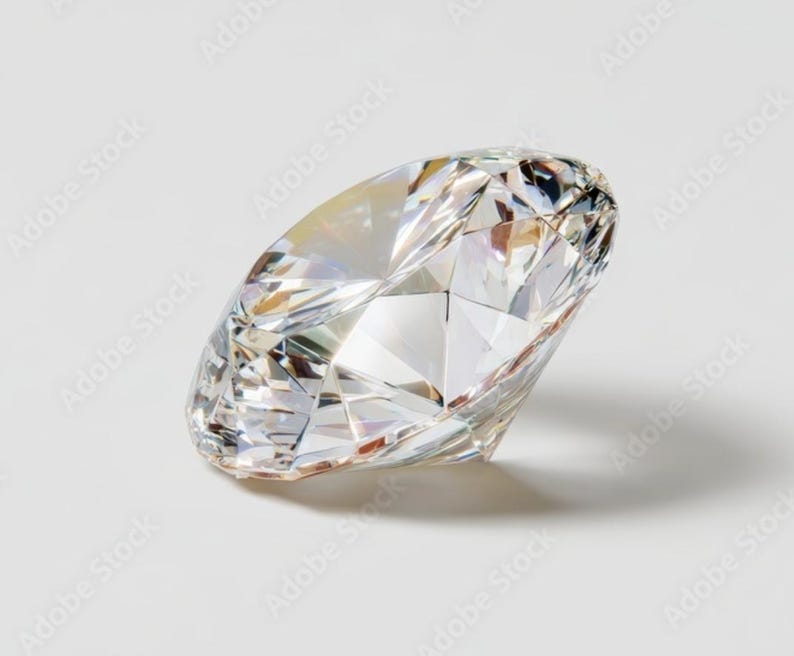 May include: A clear, faceted gemstone with a brilliant cut, displaying multiple triangular and kite-shaped surfaces that reflect light. The stone is transparent and colorless, featuring sharp edges and a pointed base, showcasing high clarity and precision.