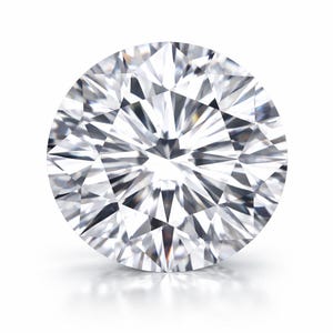 May include: A round brilliant cut gemstone with a clear, colorless appearance. The stone features numerous triangular and kite-shaped facets arranged in a symmetrical pattern, creating a high level of light reflection and internal sparkle.