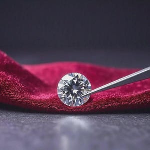 May include: A brilliant-cut diamond, held by tweezers, rests on a deep red velvet surface. The diamond sparkles with numerous facets, reflecting light. The background is a dark, solid color, emphasizing the gem's brilliance.