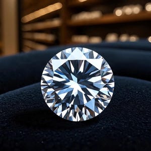 May include: A round brilliant cut gemstone with a clear, colorless appearance and multiple triangular and kite-shaped facets that create a high level of light reflection and sparkle, displayed as a single circular object.