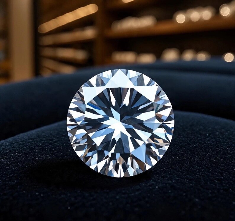 May include: A round brilliant cut gemstone with a clear, colorless appearance and multiple triangular and kite-shaped facets that create a high level of light reflection and sparkle, displayed as a single circular object.