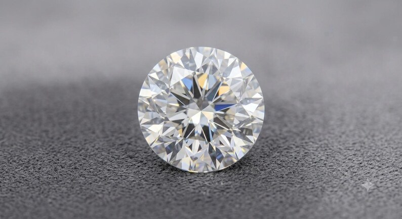 May include: A round brilliant cut gemstone with a clear, colorless appearance and multiple triangular and kite-shaped facets that create a high level of light reflection and sparkle throughout the entire surface of the stone.