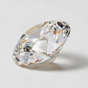 May include: A clear, colorless, round-cut gemstone with multiple triangular and kite-shaped facets. The stone exhibits high brilliance and light refraction, creating sharp geometric reflections across its surface and a distinct shadow.