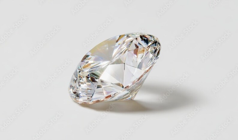 May include: A clear, colorless, round-cut gemstone with multiple triangular and kite-shaped facets. The stone exhibits high brilliance and light refraction, creating sharp geometric reflections across its surface and a distinct shadow.