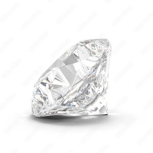 May include: A clear, colorless, faceted gemstone with a brilliant cut, displaying multiple triangular and kite-shaped surfaces that reflect light. The stone is positioned at an angle, showcasing its sharp edges and transparent, crystalline structure.