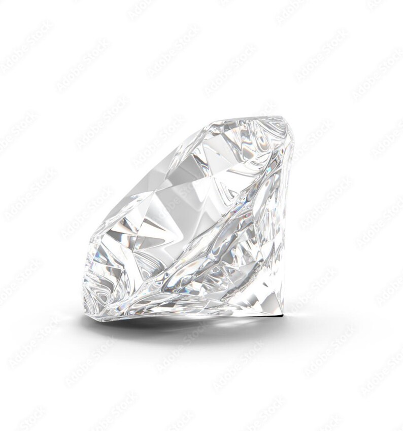 May include: A clear, colorless, faceted gemstone with a brilliant cut, displaying multiple triangular and kite-shaped surfaces that reflect light. The stone is positioned at an angle, showcasing its sharp edges and transparent, crystalline structure.