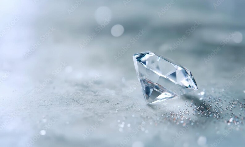 May include: A clear, faceted diamond gemstone with a brilliant cut, reflecting light with sharp edges and multiple triangular surfaces, resting on a cool-toned, textured surface with scattered shimmering particles surrounding the base.