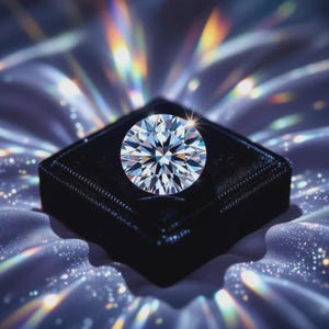 May include: A round, brilliant-cut clear gemstone with multiple facets reflecting light, displayed centered on a square, black velvet-textured jewelry box. The stone exhibits intense white and rainbow-colored light refractions.
