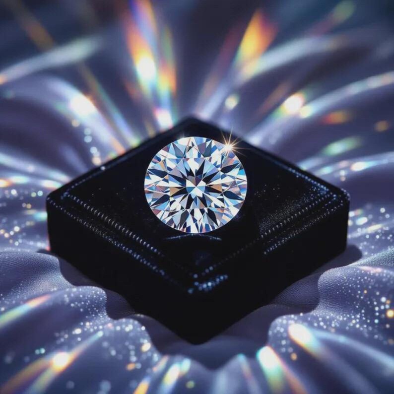 May include: A round, brilliant-cut clear gemstone with multiple facets reflecting light, displayed centered on a square, black velvet-textured jewelry box. The stone exhibits intense white and rainbow-colored light refractions.