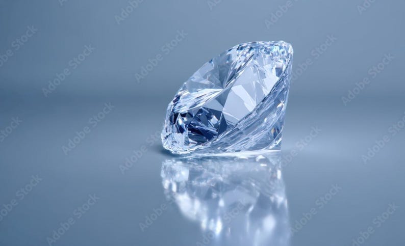 May include: A clear, faceted gemstone with a brilliant cut, displaying sharp geometric angles and light refraction. The stone is transparent and colorless, resting on a smooth, reflective surface that creates a distinct mirror image below it.