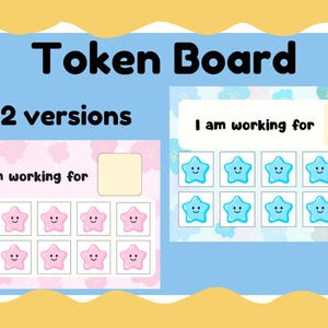 May include: Two token boards with the text "Token Board" and "2 versions". One board is pink with pink star tokens, and the other is blue with blue star tokens. Both boards have the text "I am working for".