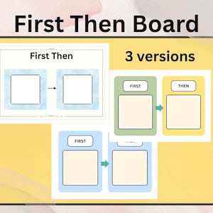 May include: A yellow background with a "First Then Board" title and three versions of a visual aid. Each version features boxes labeled "First" and "Then" connected by arrows, designed for sequencing tasks or events.