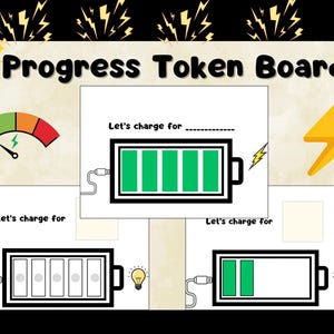 Puede incluir: Un tablero de fichas de progreso con un tema de carga de batería. El tablero presenta un indicador, iconos de batería y el texto "Let's charge for". Incluye un rayo amarillo y una batería.